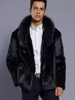 Manteau En Fausse Fourrure Noir Homme Manches Longues Chaud Hiver Col Rabattu