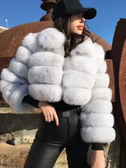 Manteau en fausse fourrure pelucheuse à col rabattu pour femme veste courte d'hiver 2026