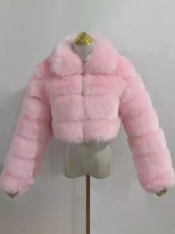 Manteau en fausse fourrure pelucheuse à col rabattu pour femme veste courte d'hiver 2026