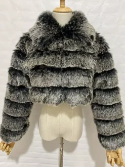 Manteau en fausse fourrure pelucheuse à col rabattu pour femme veste courte d'hiver 2026