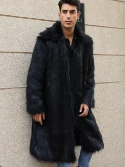 Manteau En Fausse Fourrure Long Noir Homme Manches Longues Chaud Hiver Col Rabattu