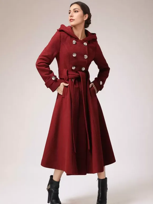 Manteau en laine à double boutonnage avec capuche bordeaux ceinturé vêtements d'extérieur longs d'hiver pour femmes 2026