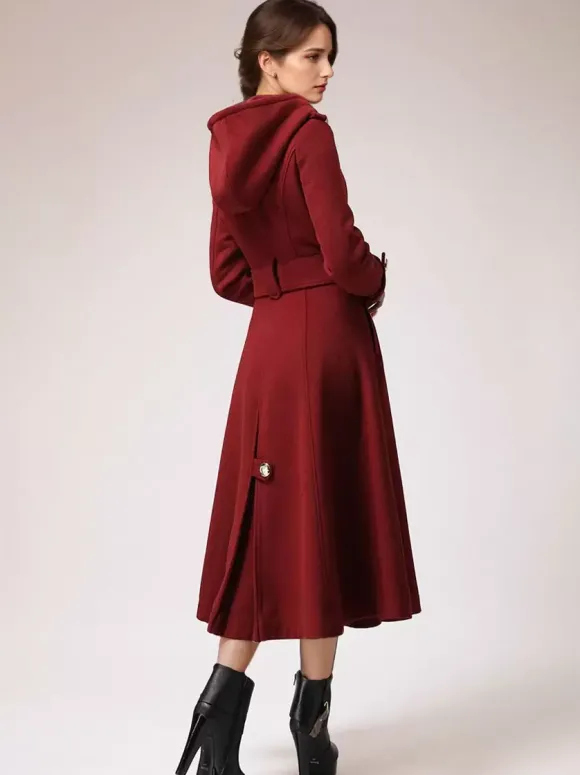 Manteau en laine à double boutonnage avec capuche bordeaux ceinturé vêtements d'extérieur longs d'hiver pour femmes 2026