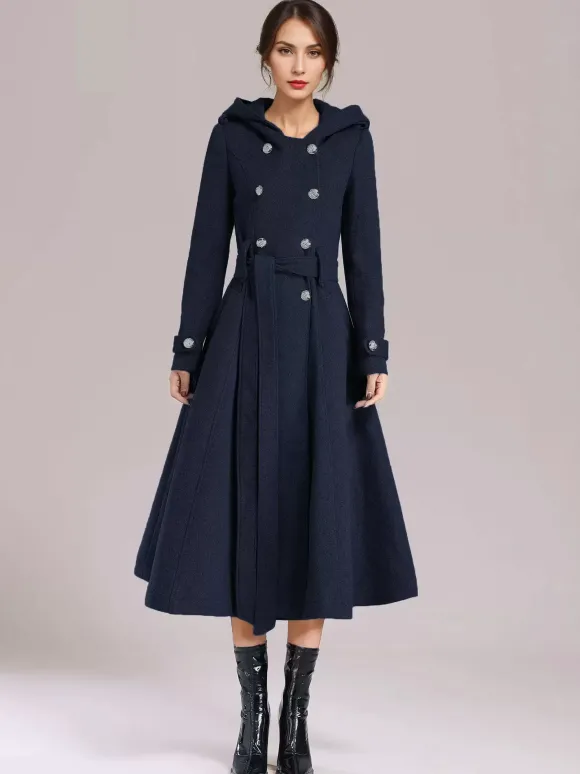 Manteau en laine à double boutonnage avec capuche bordeaux ceinturé vêtements d'extérieur longs d'hiver pour femmes 2026