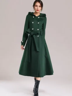 Manteau en laine à double boutonnage avec capuche bordeaux ceinturé vêtements d'extérieur longs d'hiver pour femmes 2026