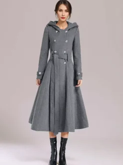 Manteau en laine à double boutonnage avec capuche bordeaux ceinturé vêtements d'extérieur longs d'hiver pour femmes 2026