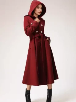 Manteau en laine à double boutonnage avec capuche bordeaux ceinturé vêtements d'extérieur longs d'hiver pour femmes 2026
