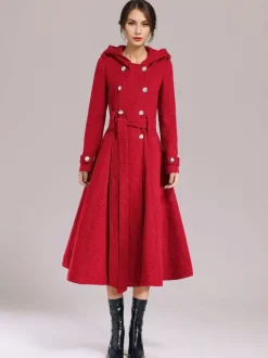 Manteau en laine à double boutonnage avec capuche bordeaux ceinturé vêtements d'extérieur longs d'hiver pour femmes 2026