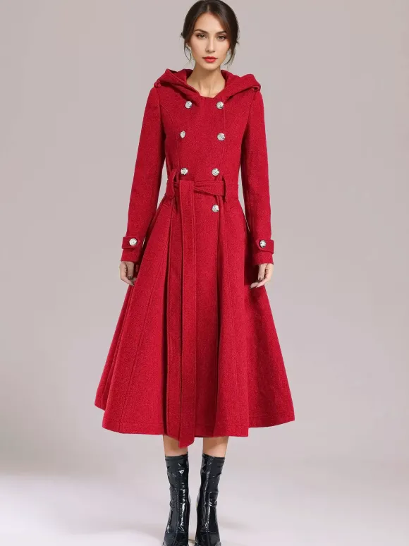 Manteau en laine à double boutonnage avec capuche bordeaux ceinturé vêtements d'extérieur longs d'hiver pour femmes 2026