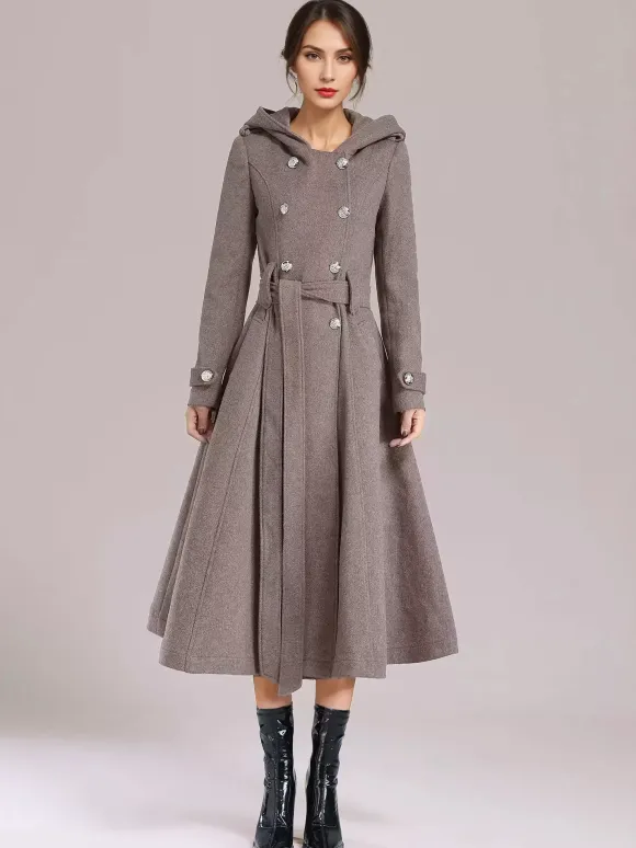 Manteau en laine à double boutonnage avec capuche bordeaux ceinturé vêtements d'extérieur longs d'hiver pour femmes 2026