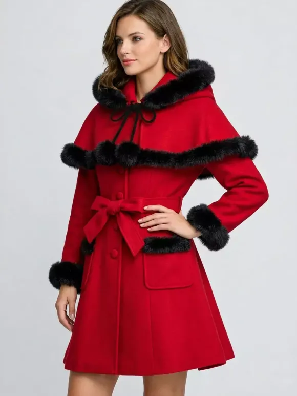 Manteau en laine mélangée bordé de fausse fourrure et ceinturé avec cape à capuche pour femme 2026