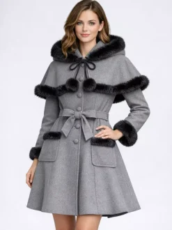 Manteau en laine mélangée bordé de fausse fourrure et ceinturé avec cape à capuche pour femme 2026
