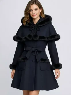 Manteau en laine mélangée bordé de fausse fourrure et ceinturé avec cape à capuche pour femme 2026