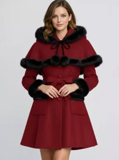 Manteau en laine mélangée bordé de fausse fourrure et ceinturé avec cape à capuche pour femme 2026