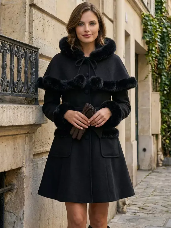 Manteau en laine mélangée bordé de fausse fourrure et ceinturé avec cape à capuche pour femme 2026