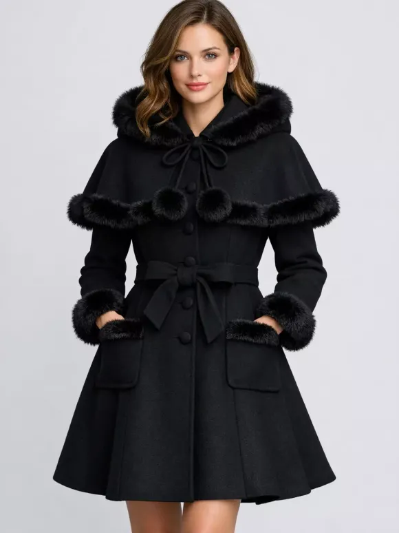 Manteau en laine mélangée bordé de fausse fourrure et ceinturé avec cape à capuche pour femme 2026
