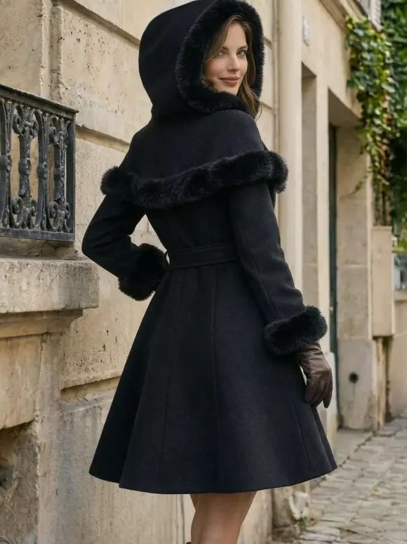 Manteau en laine mélangée bordé de fausse fourrure et ceinturé avec cape à capuche pour femme 2026