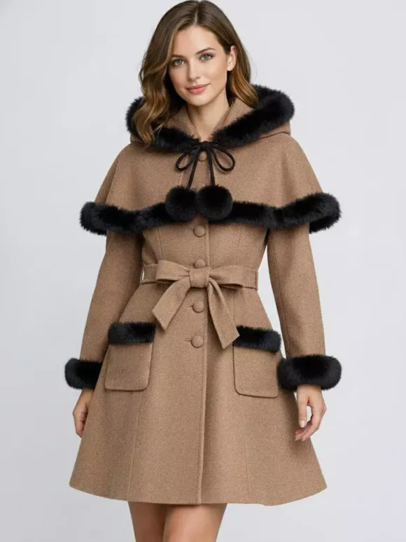 Manteau en laine mélangée bordé de fausse fourrure et ceinturé avec cape à capuche pour femme 2026