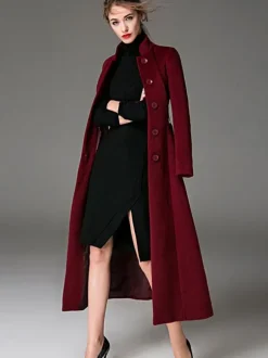 Manteau en laine mélangée bordeaux avec ceinture et col montant coupe slim vêtements d'extérieur d'hiver pour femmes en couleur unie 2026