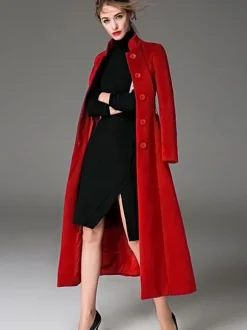 Manteau en laine mélangée bordeaux avec ceinture et col montant coupe slim vêtements d'extérieur d'hiver pour femmes en couleur unie 2026