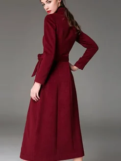 Manteau en laine mélangée bordeaux avec ceinture et col montant coupe slim vêtements d'extérieur d'hiver pour femmes en couleur unie 2026