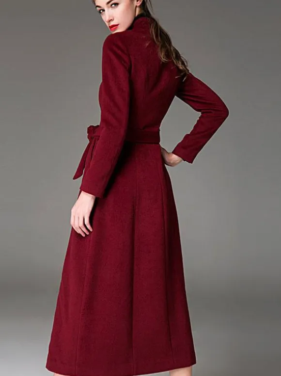 Manteau en laine mélangée bordeaux avec ceinture et col montant coupe slim vêtements d'extérieur d'hiver pour femmes en couleur unie 2026