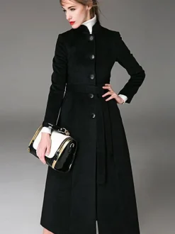 Manteau en laine mélangée bordeaux avec ceinture et col montant coupe slim vêtements d'extérieur d'hiver pour femmes en couleur unie 2026