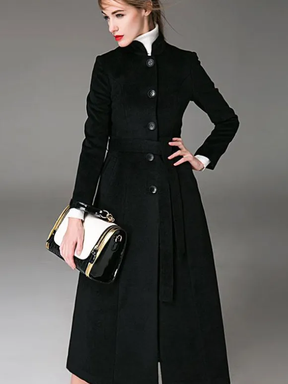 Manteau en laine mélangée bordeaux avec ceinture et col montant coupe slim vêtements d'extérieur d'hiver pour femmes en couleur unie 2026