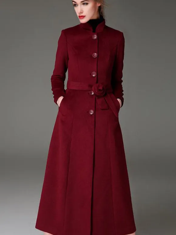 Manteau en laine mélangée bordeaux avec ceinture et col montant coupe slim vêtements d'extérieur d'hiver pour femmes en couleur unie 2026