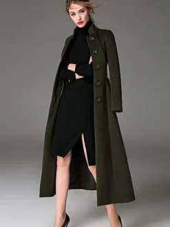 Manteau en laine mélangée bordeaux avec ceinture et col montant coupe slim vêtements d'extérieur d'hiver pour femmes en couleur unie 2026