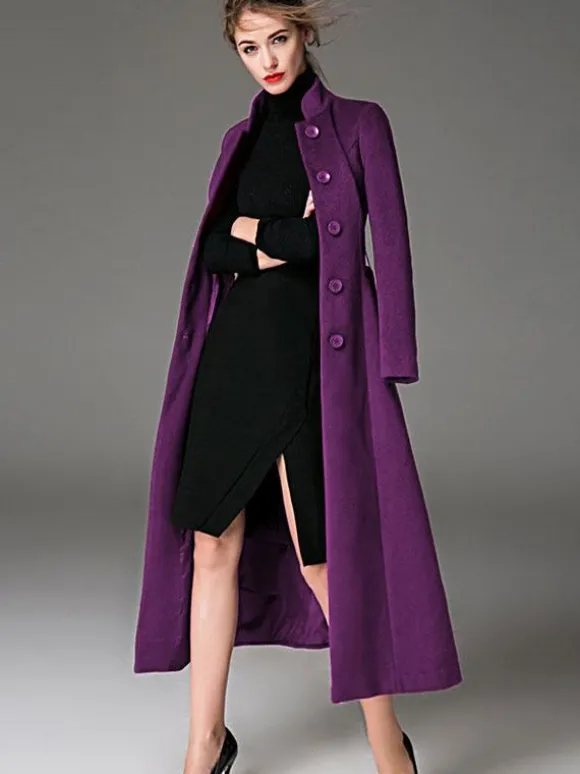 Manteau en laine mélangée bordeaux avec ceinture et col montant coupe slim vêtements d'extérieur d'hiver pour femmes en couleur unie 2026