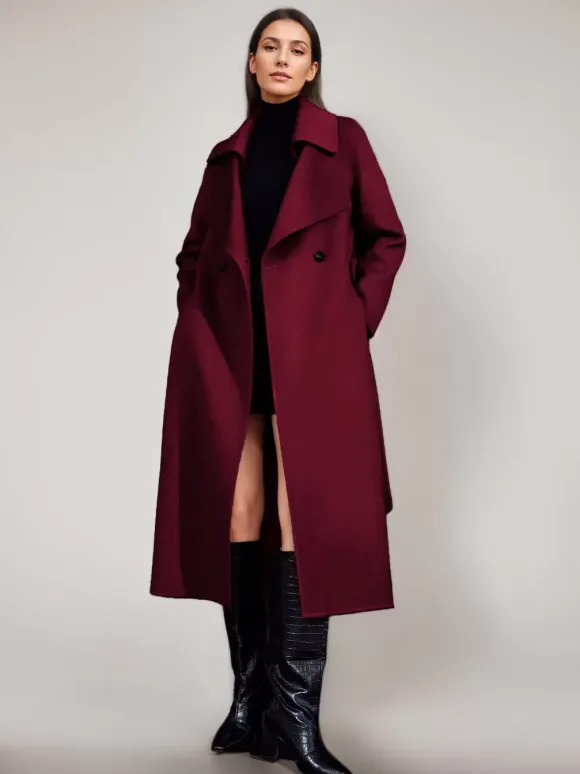 Manteau en laine rouge et cachemire mélangé pour femme Bordeaux croisé double face vêtements d'extérieur d'hiver 2026