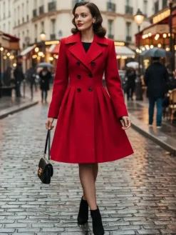 Manteau en laine rouge rétro années 1950 coupe trapèze croisé pour femme (2026)