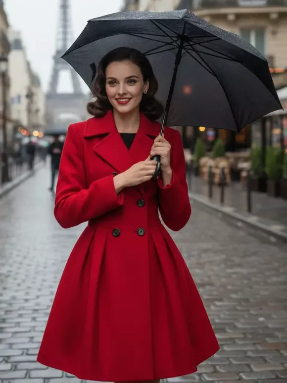 Manteau en laine rouge rétro années 1950 coupe trapèze croisé pour femme (2026)