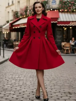 Manteau en laine rouge rétro années 1950 coupe trapèze croisé pour femme (2026)