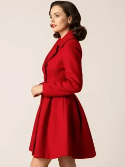 Manteau en laine rouge rétro années 1950 coupe trapèze croisé pour femme (2026)