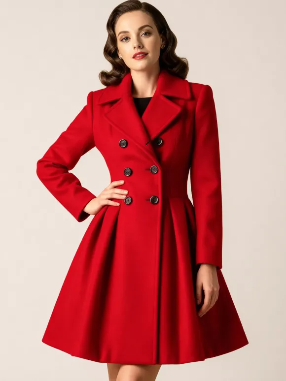 Manteau en laine rouge rétro années 1950 coupe trapèze croisé pour femme (2026)