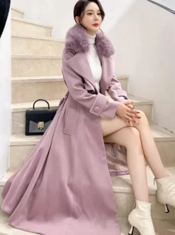 Manteau en laine évasé sur toute la longueur avec col en fausse fourrure blanche revers classique ceinture slim ligne A manteau d'hiver maxi 2026