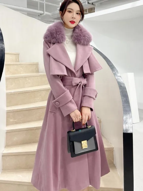 Manteau en laine évasé sur toute la longueur avec col en fausse fourrure blanche revers classique ceinture slim ligne A manteau d'hiver maxi 2026
