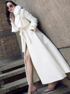 Manteau en laine évasé sur toute la longueur avec col en fausse fourrure blanche revers classique ceinture slim ligne A manteau d'hiver maxi 2026