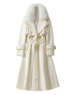 Manteau en laine évasé sur toute la longueur avec col en fausse fourrure blanche revers classique ceinture slim ligne A manteau d'hiver maxi 2026