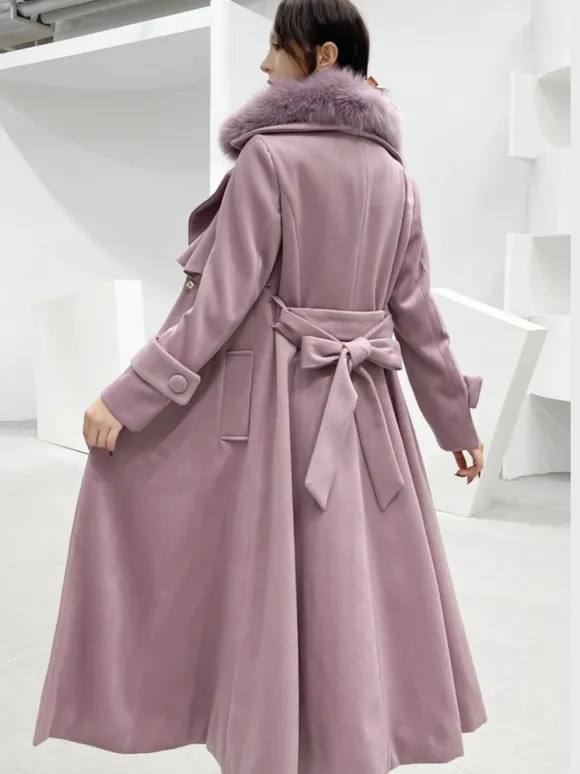 Manteau en laine évasé sur toute la longueur avec col en fausse fourrure blanche revers classique ceinture slim ligne A manteau d'hiver maxi 2026