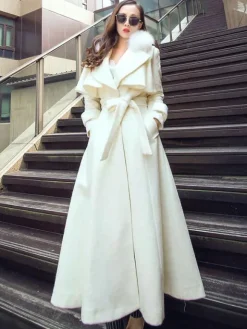 Manteau en laine évasé sur toute la longueur avec col en fausse fourrure blanche revers classique ceinture slim ligne A manteau d'hiver maxi 2026