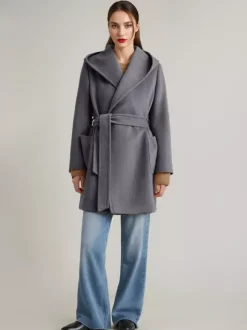 Manteau en mélange de laine et de cachemire avec capuche Camel Manteau court à double face avec ceinture pour femme 2026
