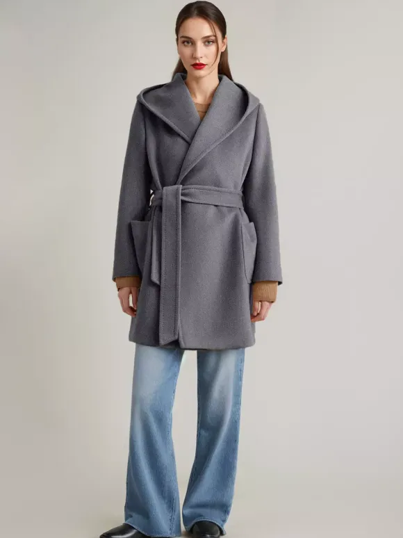 Manteau en mélange de laine et de cachemire avec capuche Camel Manteau court à double face avec ceinture pour femme 2026