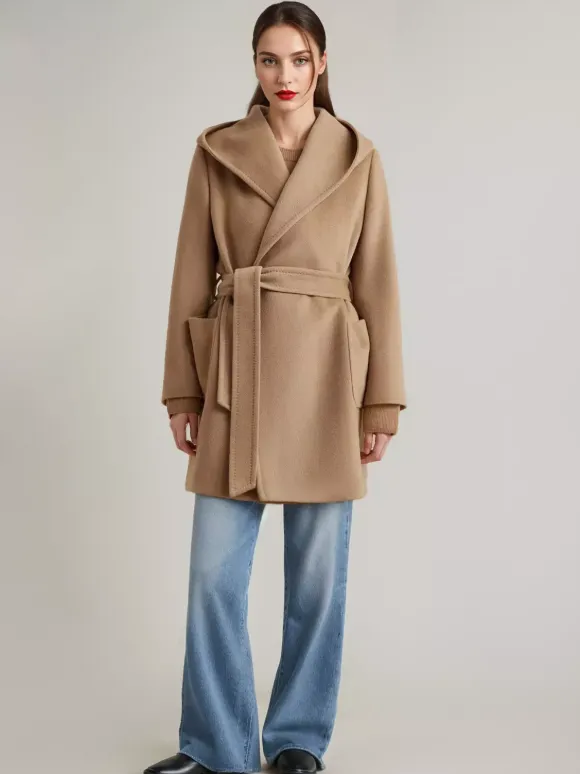 Manteau en mélange de laine et de cachemire avec capuche Camel Manteau court à double face avec ceinture pour femme 2026