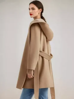 Manteau en mélange de laine et de cachemire avec capuche Camel Manteau court à double face avec ceinture pour femme 2026