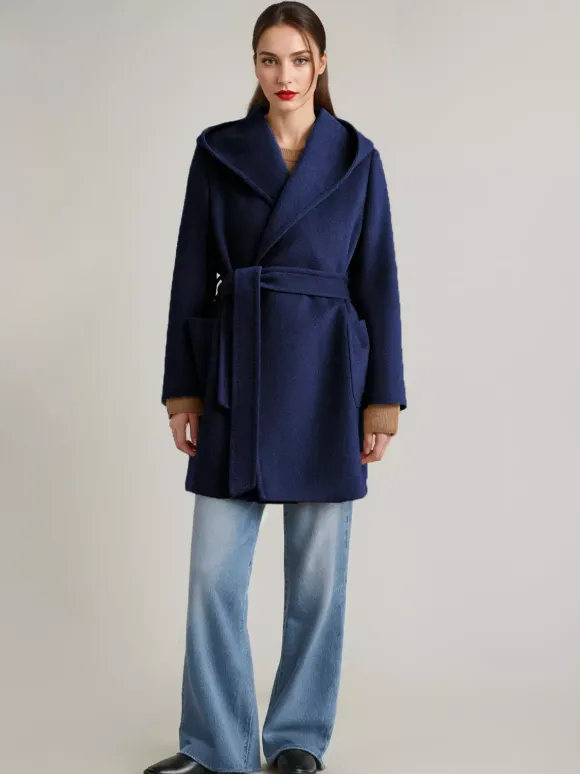 Manteau en mélange de laine et de cachemire avec capuche Camel Manteau court à double face avec ceinture pour femme 2026