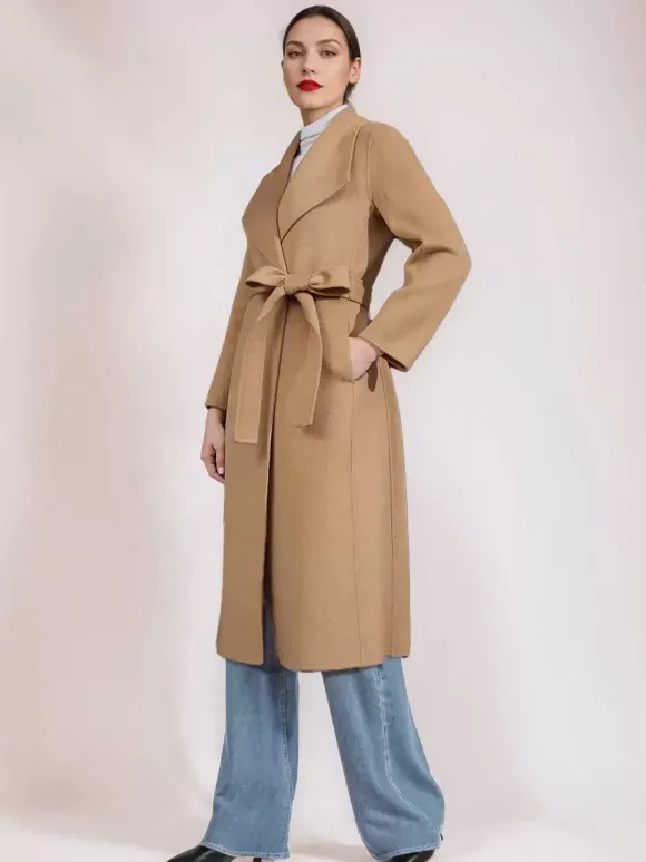 Manteau en mélange de laine et de cachemire avec ceinture Camel à revers large vêtement d'extérieur double face pour femme 2026