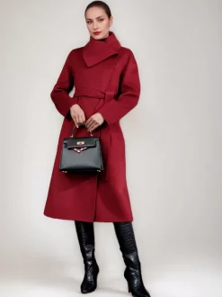 Manteau en mélange de laine et de cachemire pour femme vêtement d'extérieur d'hiver à double face avec ceinture rouge 2026